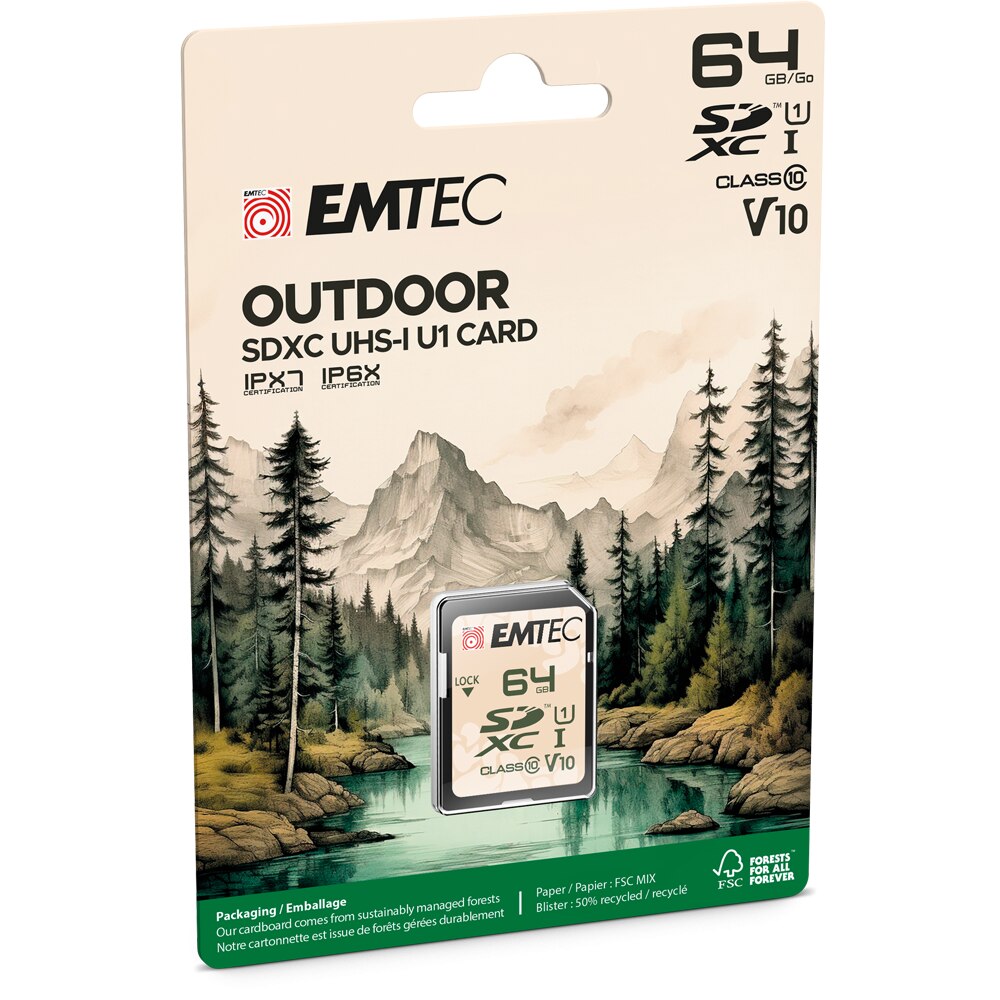 SDHC-minneskort Emtec Outdoor, 64Gb, Klass 10 / UHS-1 U1 ECMSD64GXCU1OR