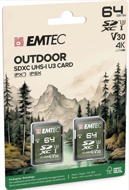 SDXC-minneskort Emtec Rugged Outdoor, 64GB, Klass 10 / UHS-1 U3, Set om 2 stycken ECMSD64GXCU3ORP