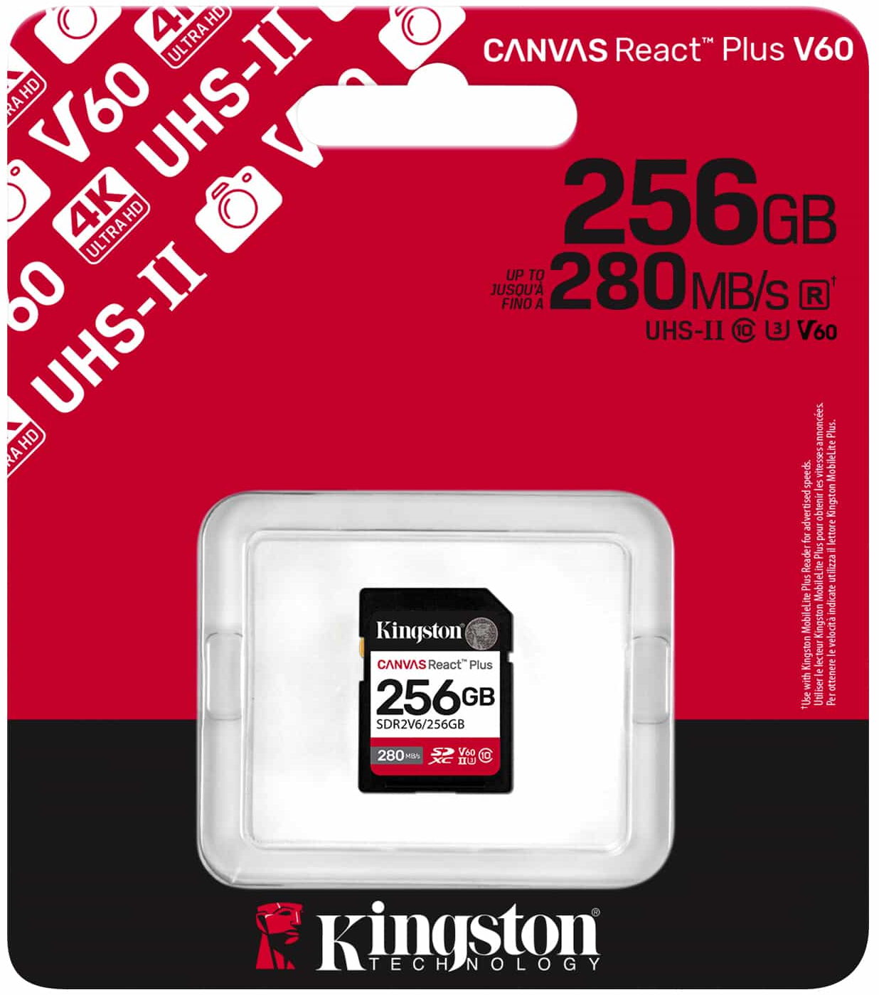 SDXC-minneskort Kingston Canvas React Plus, 256Gb, Klass 10 / UHS-2 U3 SDR2V6/256GB