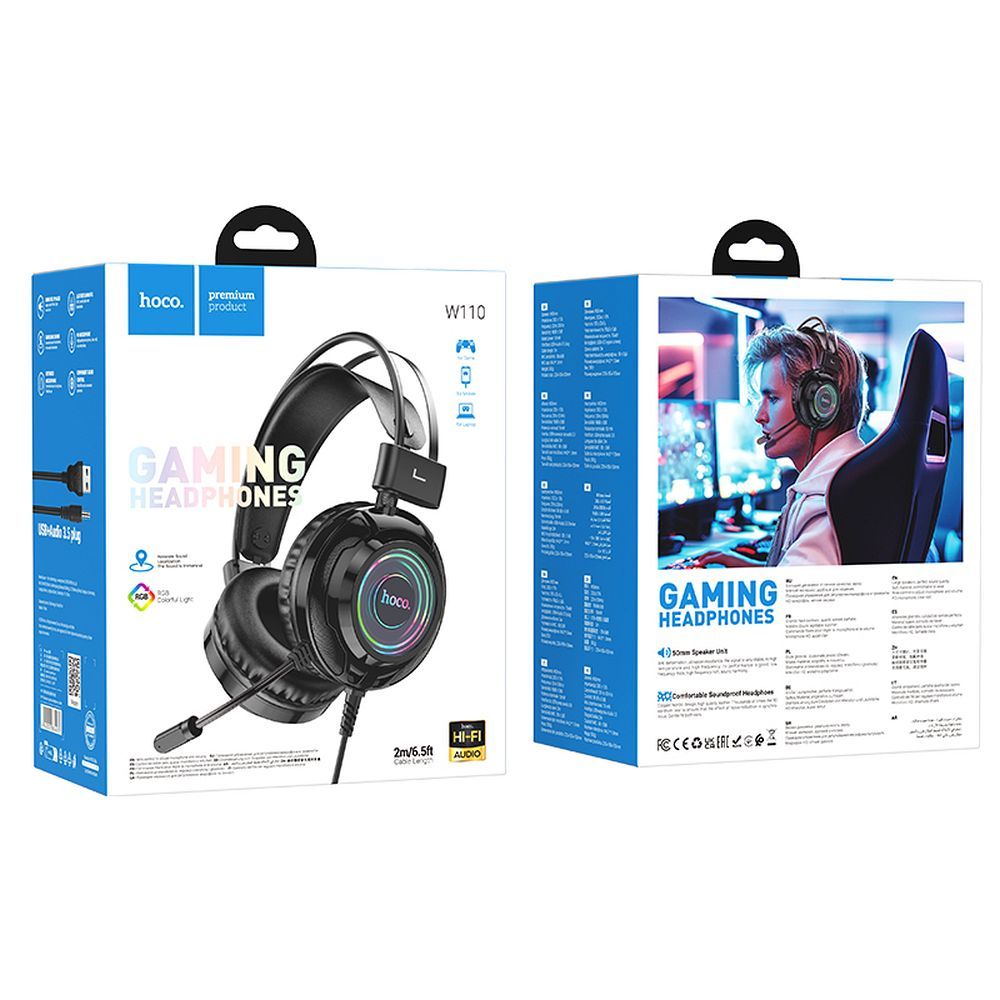 Gaminghörlurar 3,5 mm HOCO W110, RGB, Svarta