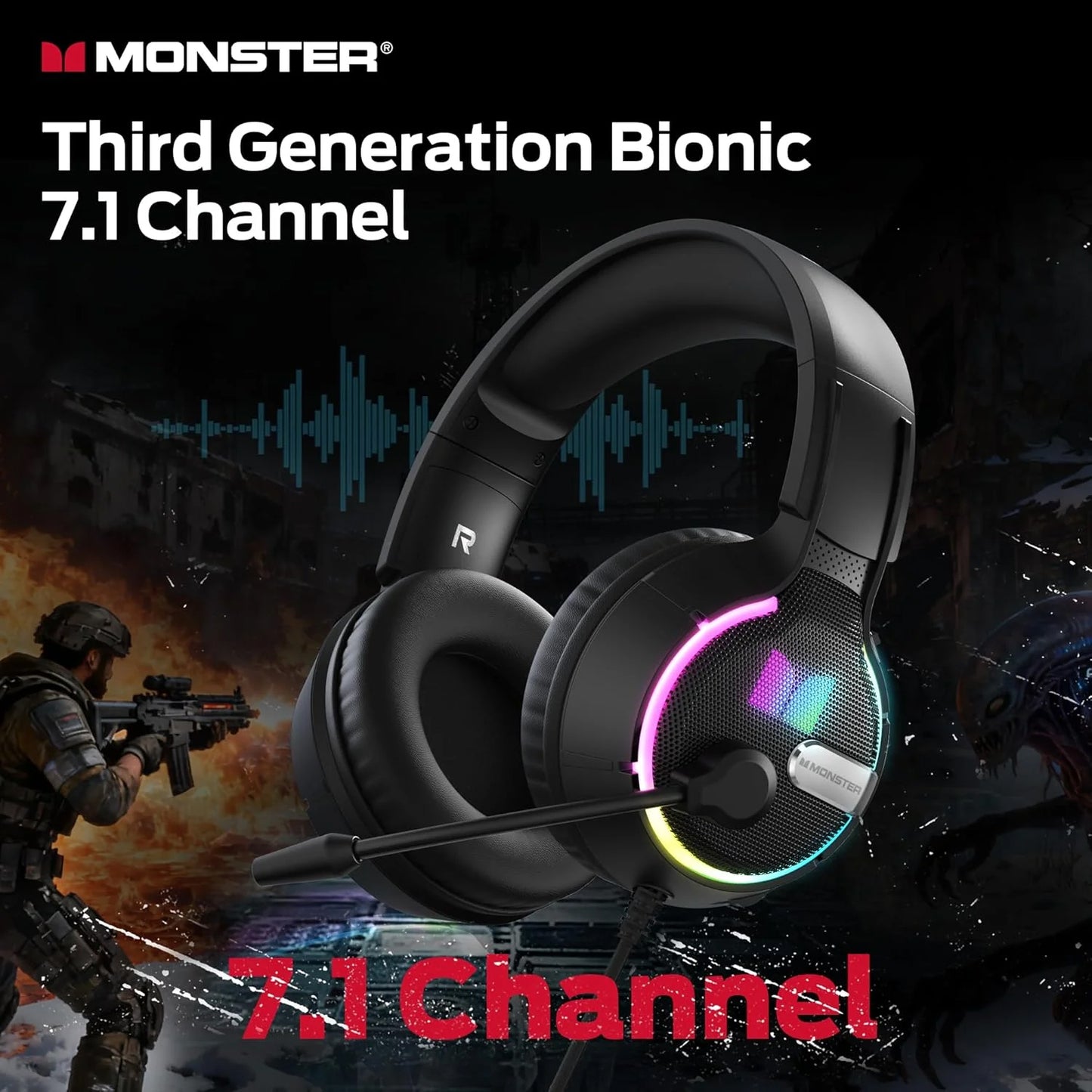 Gaminghörlurar 3,5 mm Monster Mission 320, RGB, 1,9 m, Svarta