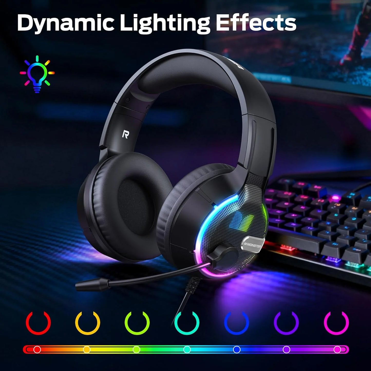 Gaminghörlurar 3,5 mm Monster Mission 320, RGB, 1,9 m, Svarta