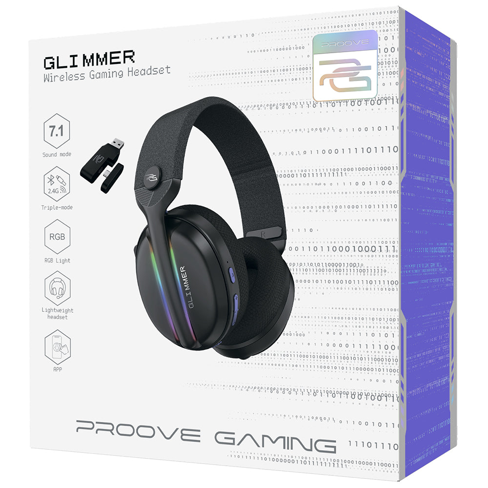 Proove Glimmer trådlösa gaminghörlurar, RGB, BT / Wi-Fi / Kabel, Svarta WHGL00022001