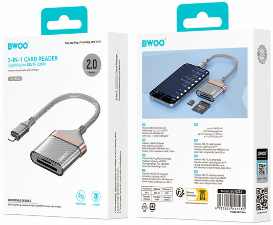 BWOO BZ63 Lightning-kortläsare, SD–microSD, grå