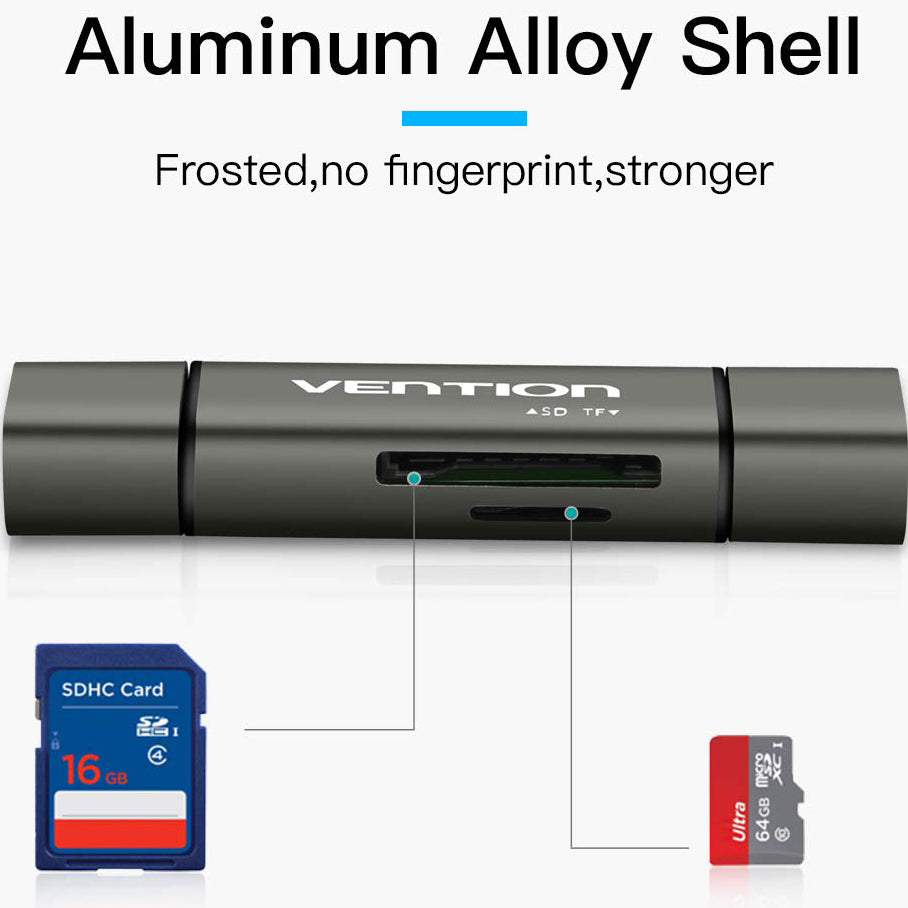 USB / USB-C / microUSB-kortläsare Vention, SD - microSD, Grå CCJH0