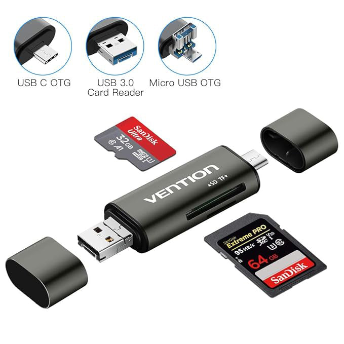 USB / USB-C / microUSB-kortläsare Vention, SD - microSD, Grå CCJH0