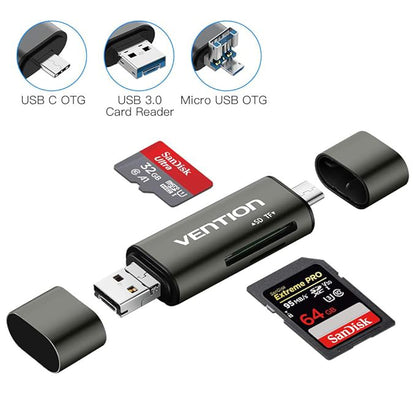 USB / USB-C / microUSB-kortläsare Vention, SD - microSD, Grå CCJH0