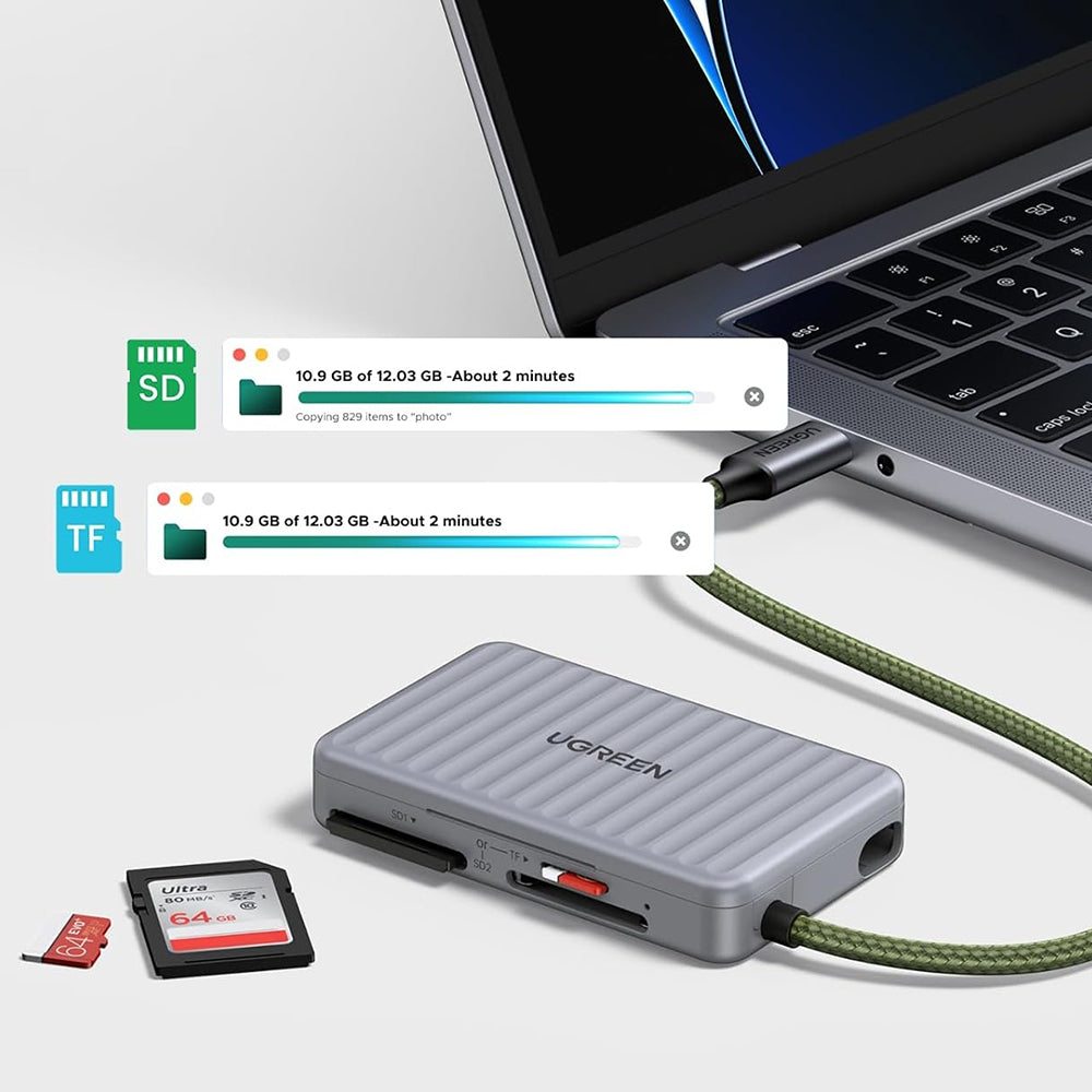 USB-C-kortläsare med UGREEN 55886-organisatör, 2 x SD - microSD, Grå