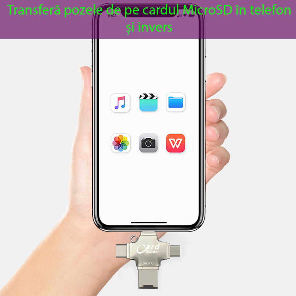 USB / USB-C / Lightning / microUSB-kortläsare Yesido GS13, microSD, Silver