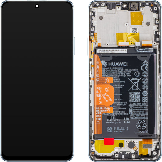 Display med pekskärm Huawei nova Y90, med ram och batteri, Crystal Blue, Service Pack 02355ARH