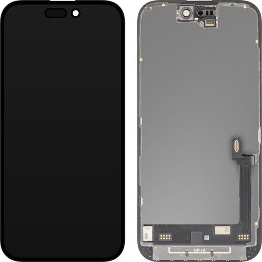MP Touchscreen-display kompatibelt med Apple iPhone 16, med ram, Premium Soft OLED FHD Diagnostic-version, svart