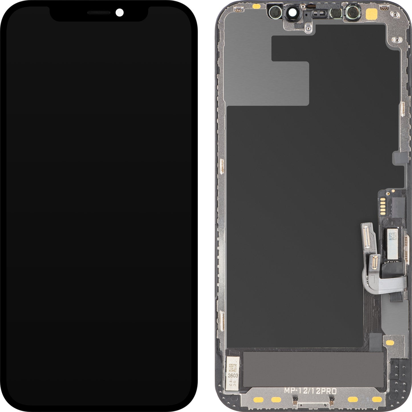 MP Touchscreen-display kompatibelt med Apple iPhone 12 / 12 Pro, med ram, OLED FHD Diagnostic mjukvaruversion, svart