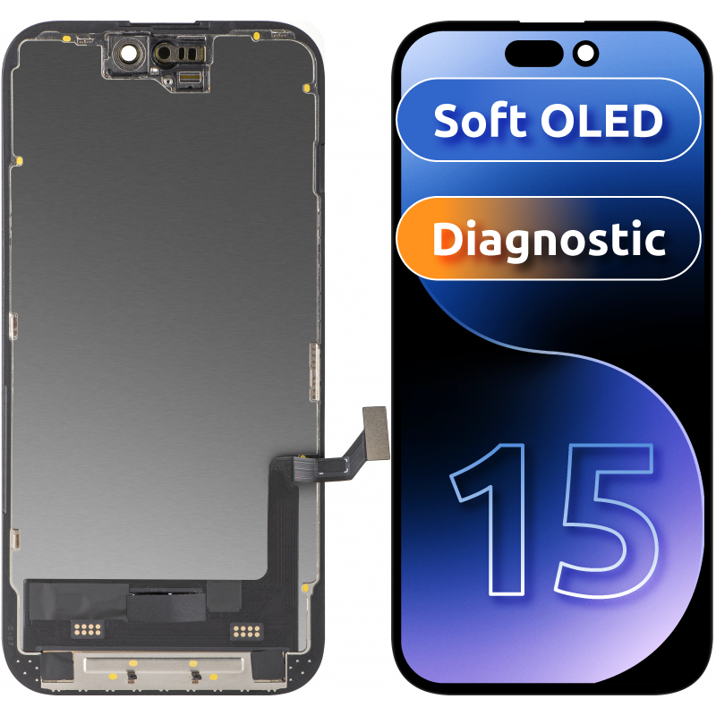 Display med Touchscreen MP kompatibel med Apple iPhone 15, med Ram, Soft OLED FHD Diagnostisk Version, Svart