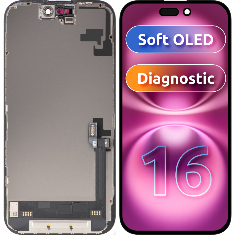 Display med MP Touchscreen kompatibel med Apple iPhone 16, med Ram, Soft OLED FHD Diagnostic Version, Svart