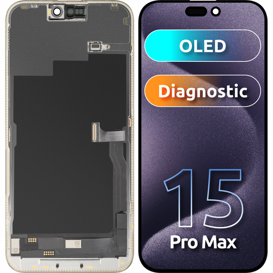 Display med Touchscreen MP kompatibel med Apple iPhone 15 Pro Max, med Ram, OLED FHD Diagnostic Version, Svart
