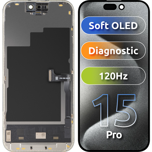 Display med Touchscreen MP kompatibel med Apple iPhone 15 Pro, med Ram, Soft OLED FHD 120Hz Diagnostic Version, Svart