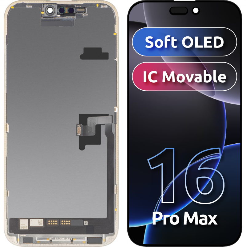 MP Touchscreen-display kompatibel med Apple iPhone 16 Pro Max, med ram, Soft OLED FHD IC Movable-version, svart