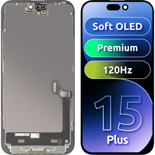 MP Touchscreen-display kompatibelt med Apple iPhone 15 Plus, med ram, Premium Soft OLED FHD 120Hz-version, svart