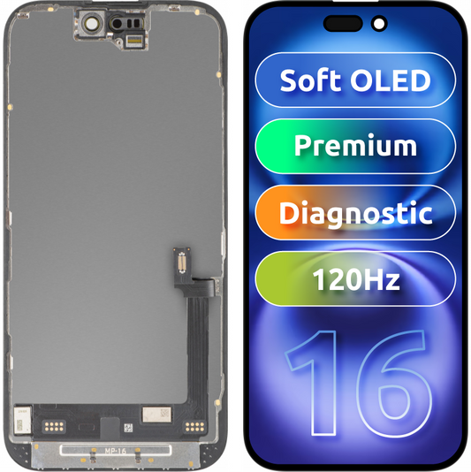 MP Touchscreen-display kompatibelt med Apple iPhone 16, med ram, Premium Soft OLED FHD 120Hz Diagnostic-version, svart