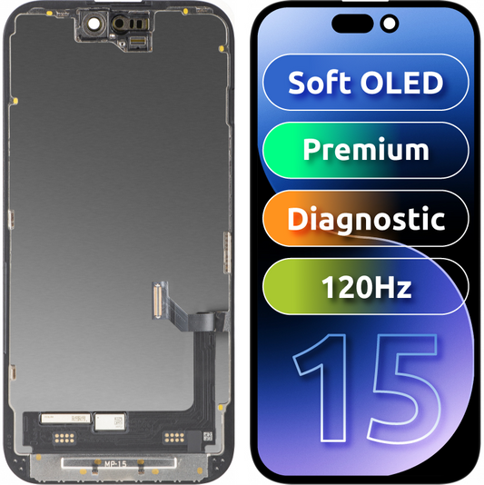 MP Touchscreen-display kompatibelt med Apple iPhone 15, med ram, Premium Soft OLED FHD 120Hz Diagnostic-version, svart