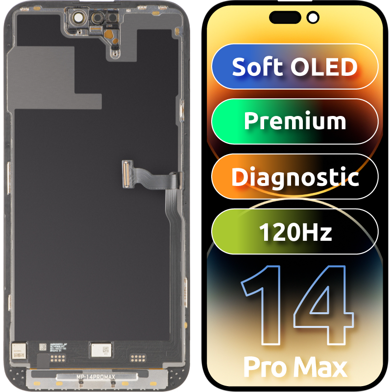 MP Touchscreen-display kompatibelt med Apple iPhone 14 Pro Max, med ram, Premium Soft OLED FHD 120Hz Diagnostic-version, svart