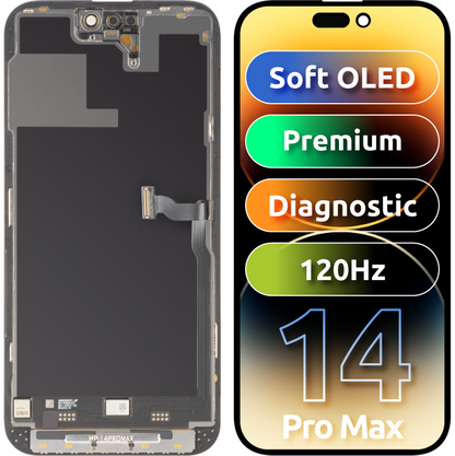 MP Touchscreen-display kompatibelt med Apple iPhone 14 Pro Max, med ram, Premium Soft OLED FHD 120Hz Diagnostic-version, svart