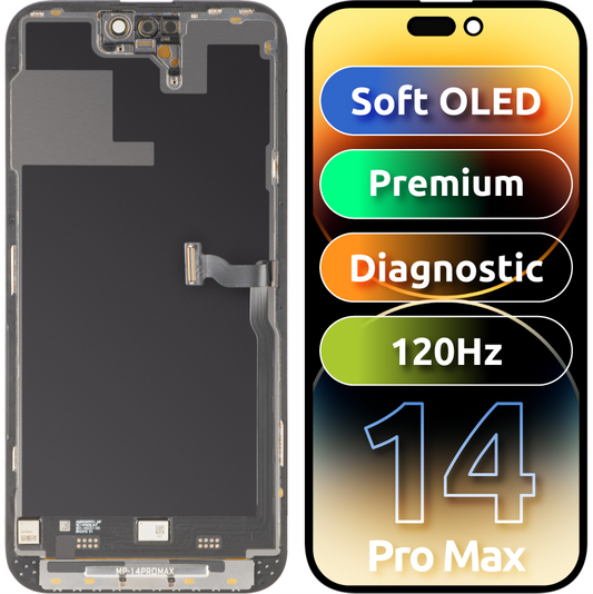 MP Touchscreen-display kompatibelt med Apple iPhone 14 Pro Max, med ram, Premium Soft OLED FHD 120Hz Diagnostic-version, svart