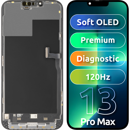 MP Touchscreen-display kompatibel med Apple iPhone 13 Pro Max, med ram, Premium Soft OLED FHD 120Hz diagnostikversion, svart