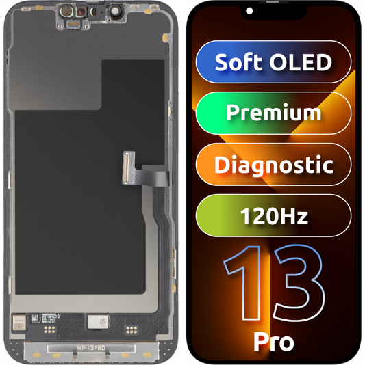 MP Touchscreen-display kompatibelt med Apple iPhone 13 Pro, med ram, Premium Soft OLED FHD 120Hz diagnostikversion, svart
