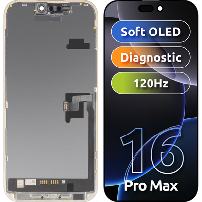 MP Touchscreen-display kompatibelt med Apple iPhone 16 Pro Max, med ram, mjukvaruversion OLED FHD Diagnostic, svart