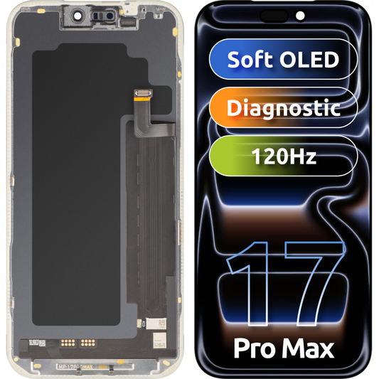 MP Touchscreen-display kompatibelt med Apple iPhone 17 Pro Max, med ram, OLED FHD Diagnostic mjukvaruversion, svart