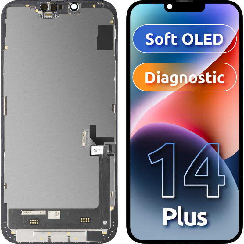 Display med Touchscreen MP kompatibel med Apple iPhone 14 Plus, med Ram, Soft OLED FHD Diagnostic Version, Svart