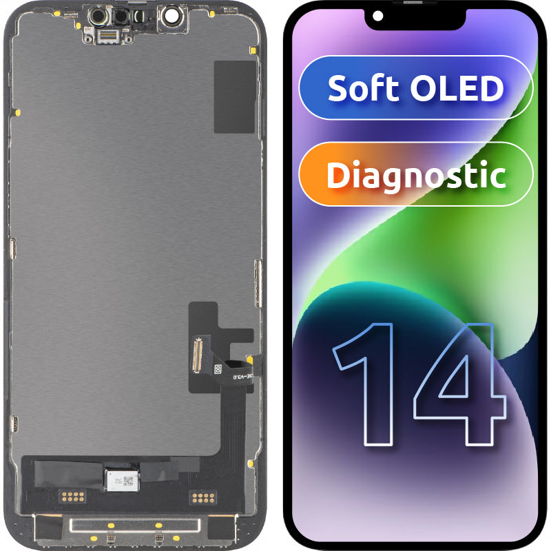 Display med MP Touchscreen kompatibel med Apple iPhone 14, med Ram, Soft OLED FHD Diagnostic Version, Svart