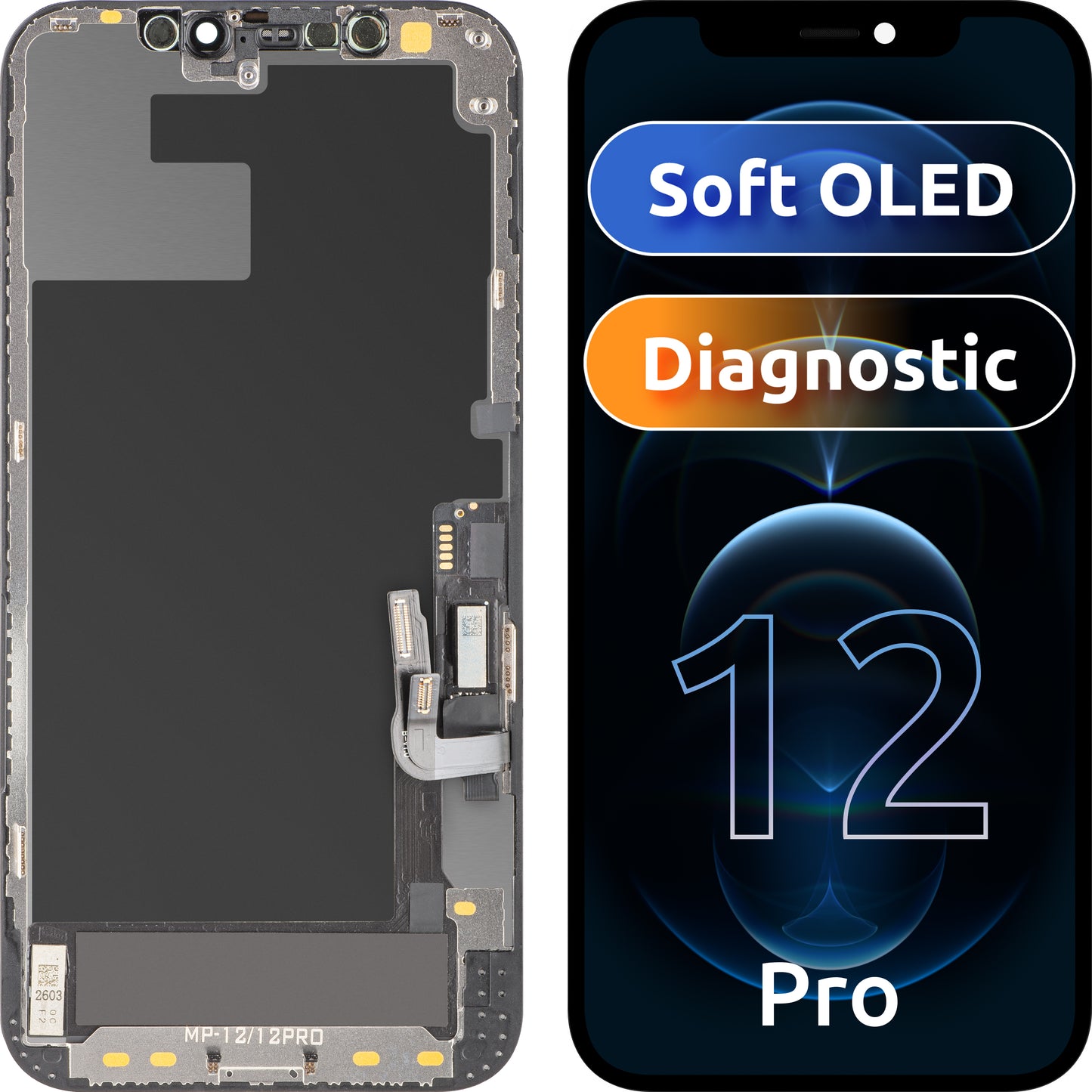 MP Touchscreen-display kompatibelt med Apple iPhone 12 / 12 Pro, med ram, OLED FHD Diagnostic mjukvaruversion, svart
