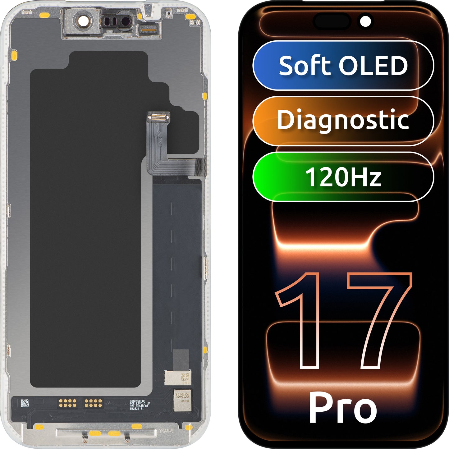 MP Touchscreen-display kompatibelt med Apple iPhone 17 Pro, med ram, OLED FHD 120Hz diagnostik mjukvaruversion, svart