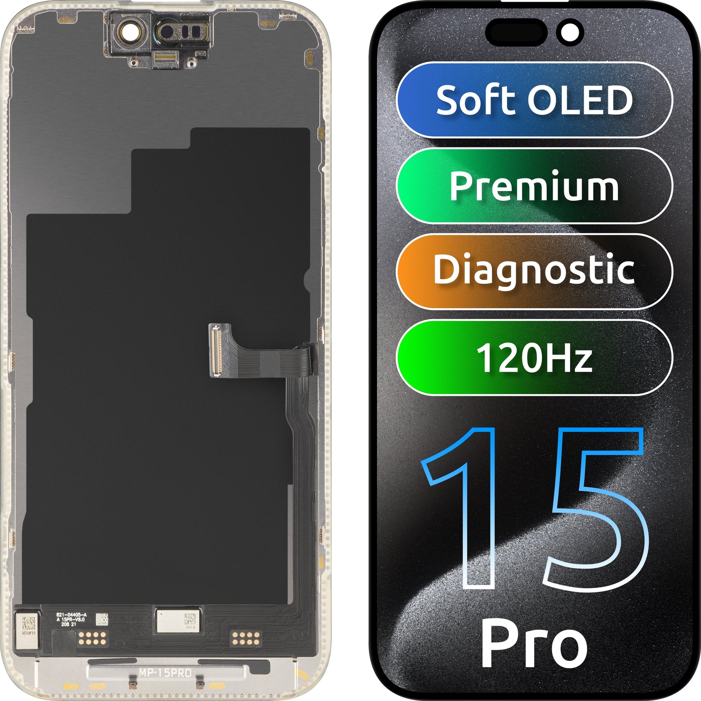 MP Touchscreen-display kompatibelt med Apple iPhone 15 Pro, med ram, Premium Soft OLED FHD 120Hz diagnostikversion, svart