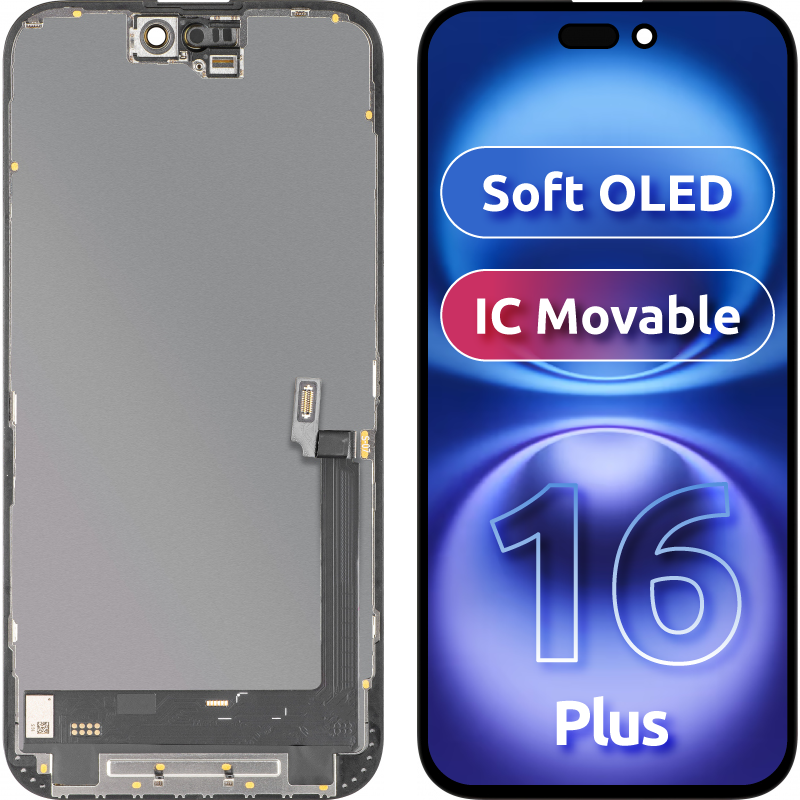 Display med Touchscreen MP kompatibel med Apple iPhone 16 Plus, med Ram, Soft OLED IC Movable FHD-version, Svart