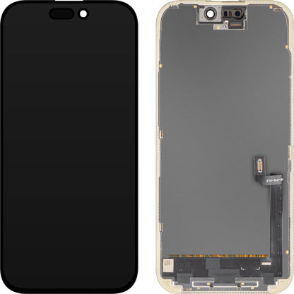 MP Touchscreen-display kompatibel med Apple iPhone 17, med ram, OLED FHD IC Movable-version, svart