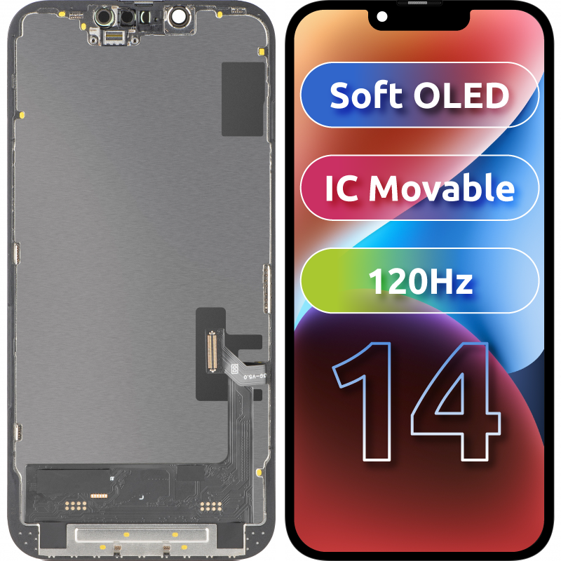 Display med Touchscreen MP kompatibel med Apple iPhone 14, med Ram, Version Soft OLED FHD 120Hz IC Movable, Svart