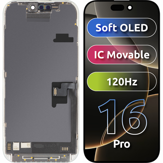 Display med Touchscreen MP kompatibel med Apple iPhone 16 Pro, med Ram, Version Soft OLED FHD 120Hz IC Movable, Svart