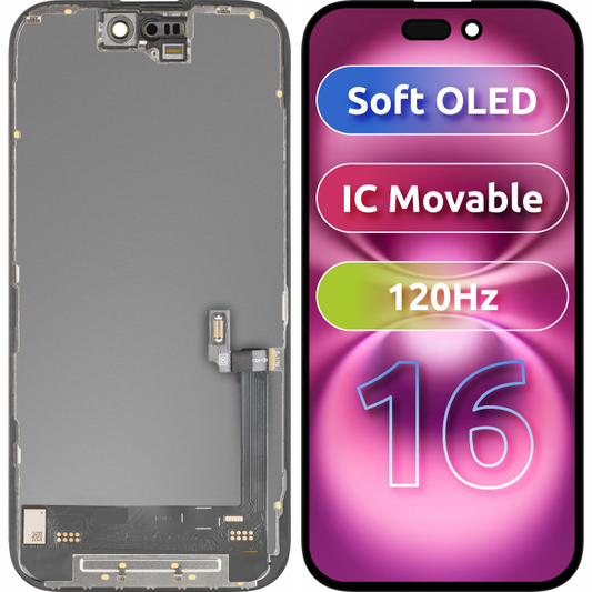 Display med Touchscreen MP kompatibel med Apple iPhone 16, med Ram, Version Soft OLED FHD 120Hz IC Movable, Svart