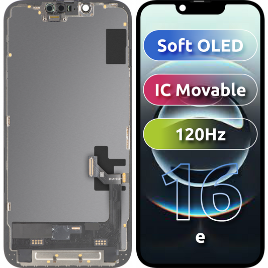 MP Touchscreen-display kompatibelt med Apple iPhone 17e / 16e, med ram, mjukvaruversion Soft OLED FHD 120Hz IC flyttbar, svart