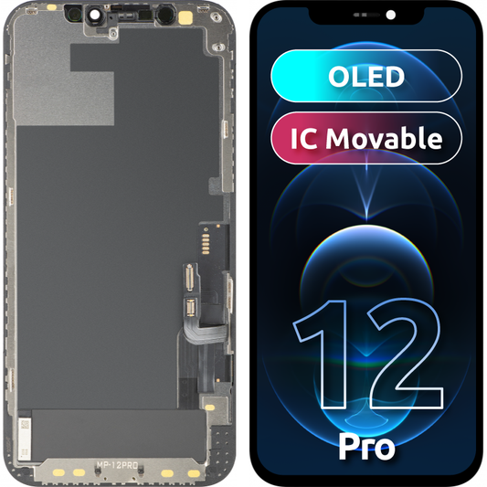 MP Touchscreen-display kompatibelt med Apple iPhone 12 / 12 Pro, med ram, OLED FHD IC Movable-version, svart