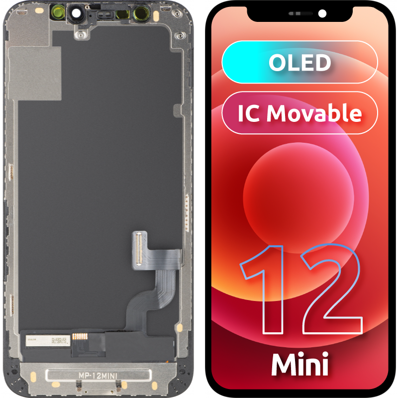 MP Touchscreen-display kompatibelt med Apple iPhone 12 mini, med ram, OLED FHD IC Movable-version, svart