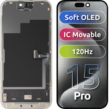Display med MP Touchscreen kompatibel med Apple iPhone 15 Pro, med Ram, Soft OLED IC Movable 120Hz FHD-version, Svart