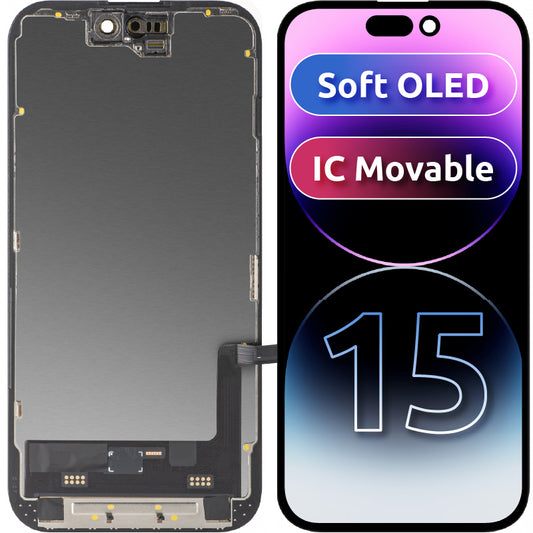 Display med MP Touchscreen kompatibel med Apple iPhone 15, med Ram, Soft OLED FHD IC Movable-version, Svart