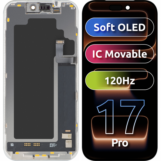 MP Touchscreen-display kompatibelt med Apple iPhone 17 Pro, med ram, Soft OLED FHD 120Hz IC flyttbar version, svart