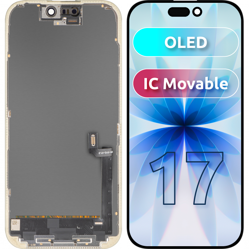 MP Touchscreen-display kompatibel med Apple iPhone 17, med ram, OLED FHD IC Movable-version, svart