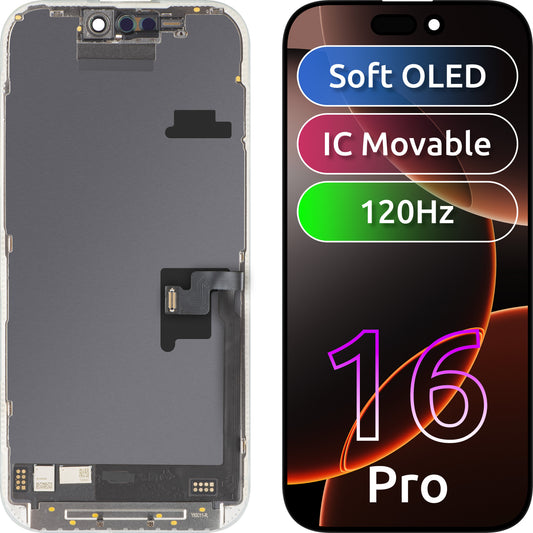 Display med Touchscreen MP kompatibel med Apple iPhone 16 Pro, med Ram, Version Soft OLED FHD 120Hz IC Movable, Svart