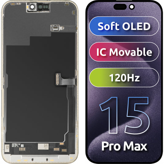Display med Touchscreen MP kompatibel med Apple iPhone 15 Pro Max, med Ram, Version Soft OLED IC Movable 120Hz FHD, Svart